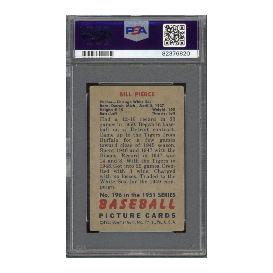 1951 Bowman #196 Bill Pierce PSA 2 Auto 10 - Image 2