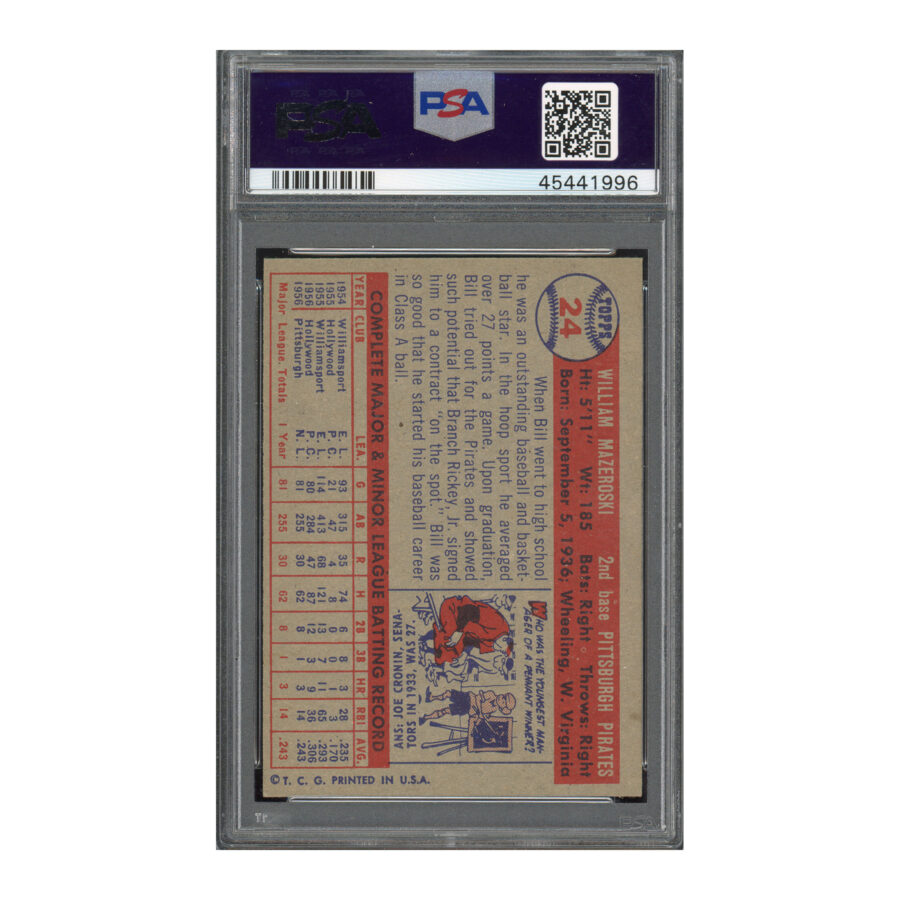 1957 Topps #24 Bill Mazeroski PSA 6 Auto 8 - Image 2