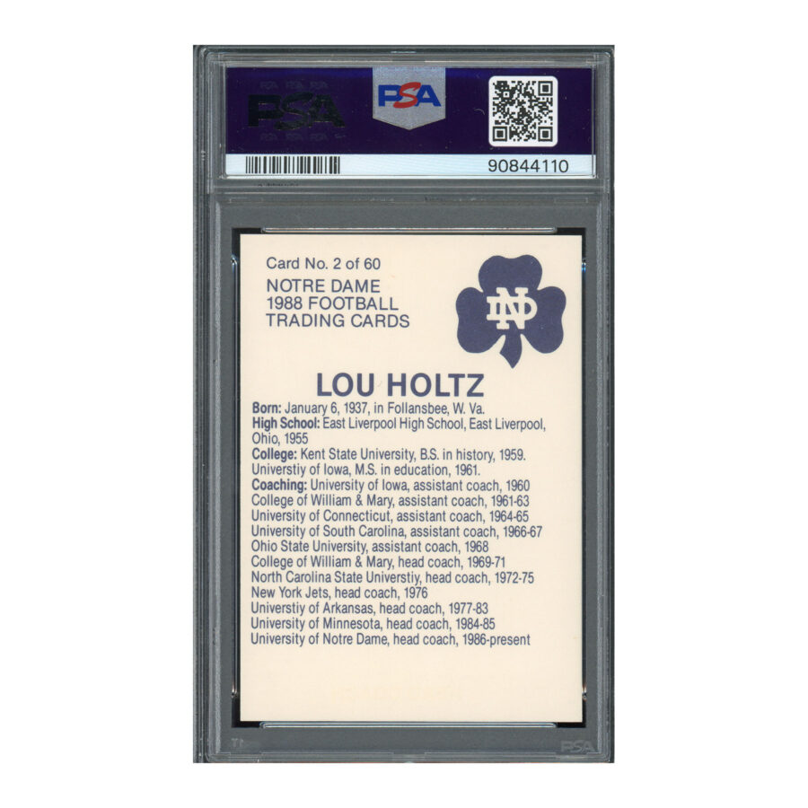 1988 Notre Dame Team Issue #2 Lou Holtz PSA 6 Auto 10 - Image 2