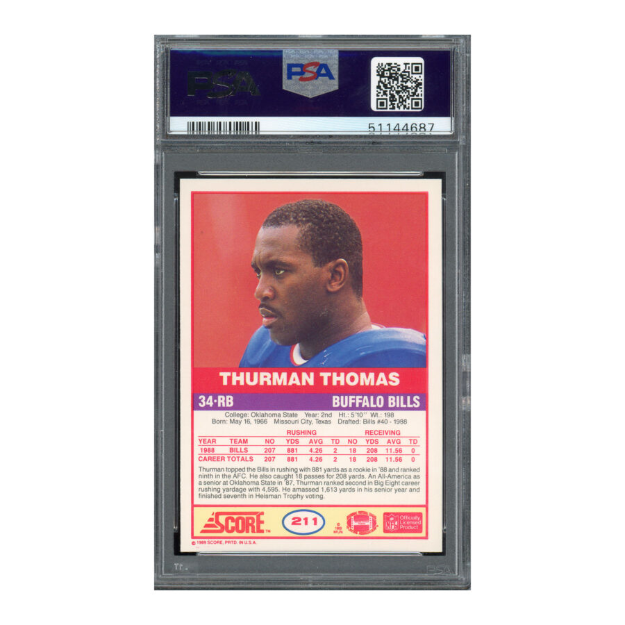 1989 Score #211 Thurman Thomas PSA 8 Auto 10 - Image 2