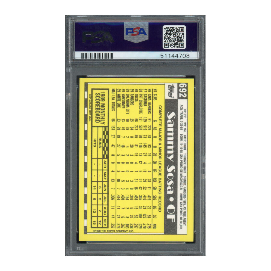 1990 Topps Tiffany #692 Sammy Sosa PSA 9 Auto 8 - Image 2