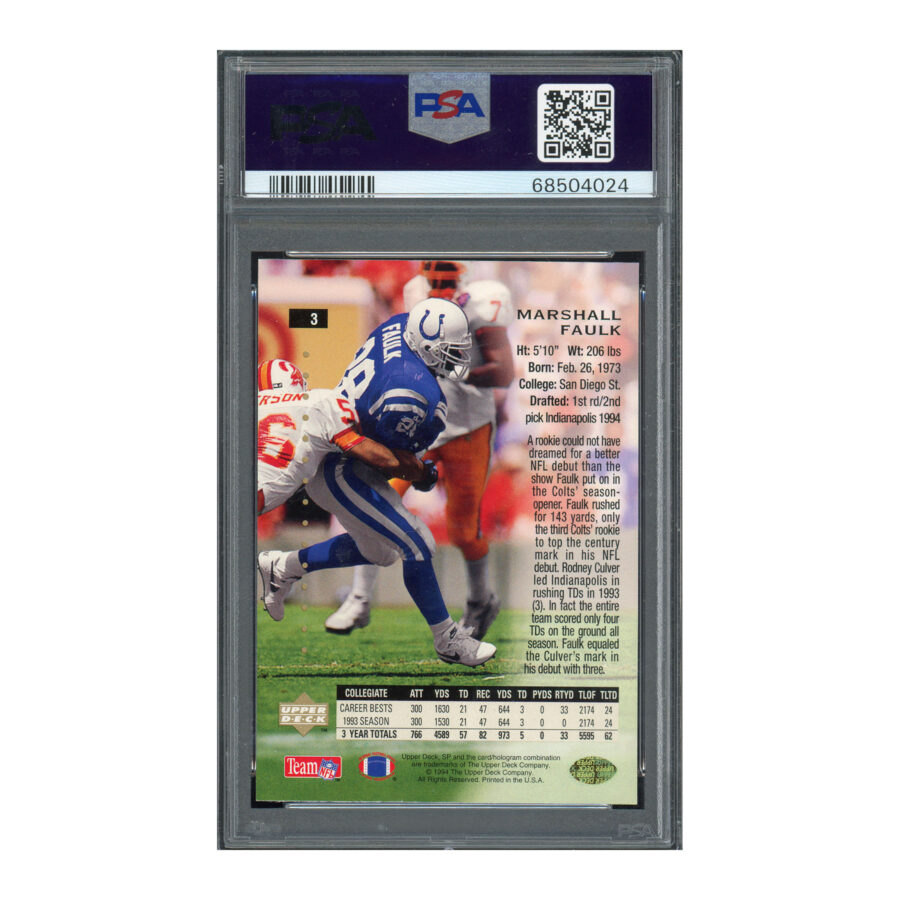 1994 SP #3 Marshall Faulk PSA 9 Auto 9 - Image 2