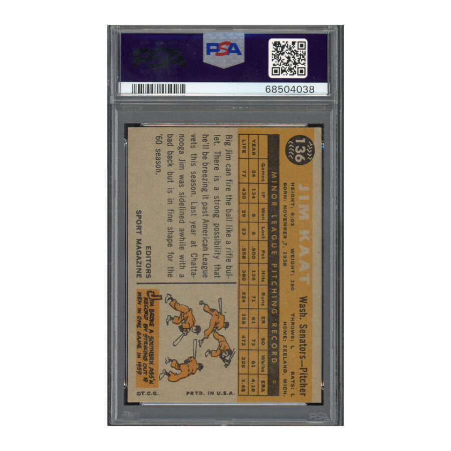 1960 Topps #136 Jim Kaat PSA 7 Auto 9 - Image 2