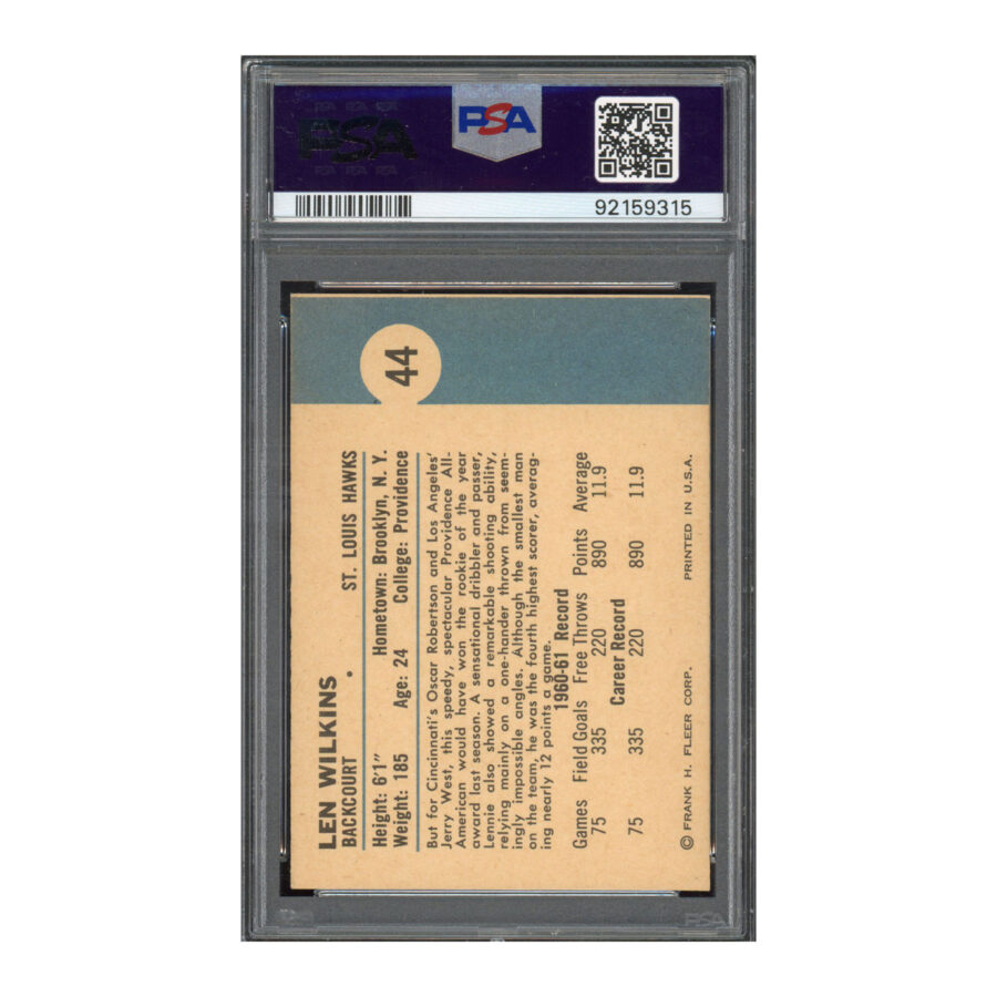 1961 Fleer #44 Len Wilkins PSA 8 Auto 10 - Image 2