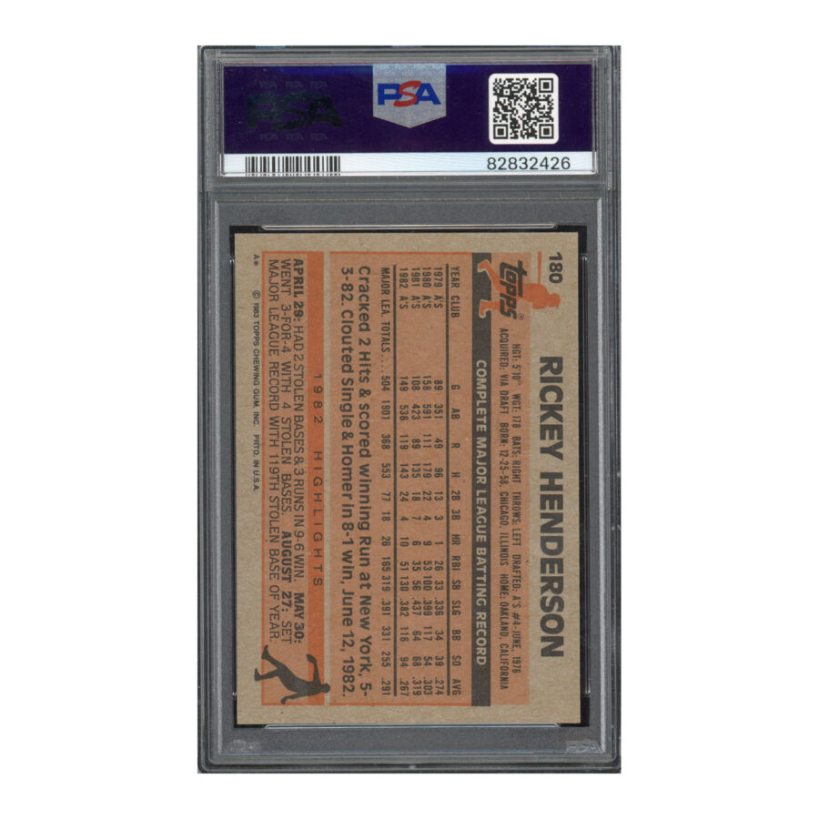 1983 Topps #180 Rickey Henderson PSA 9 Auto 10 - Image 2