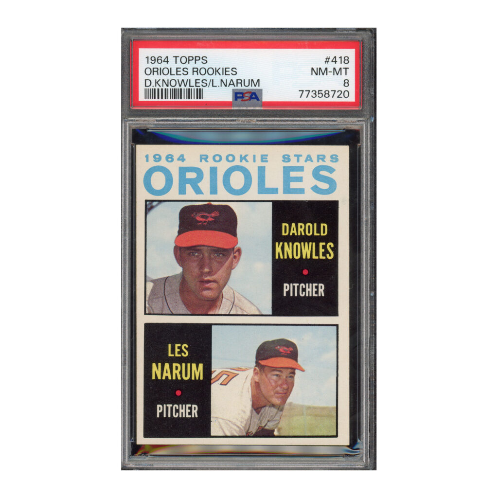 1964 Topps #418 Orioles Rookies Darold Knowles Les Narum PSA 8