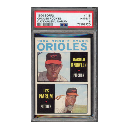 1964 Topps #418 Orioles Rookies Darold Knowles Les Narum PSA 8