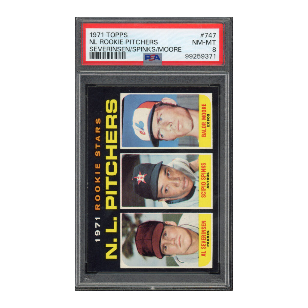 1971 Topps #747 NL Rookie Pitchers Moore Spinks Severinsen PSA 8