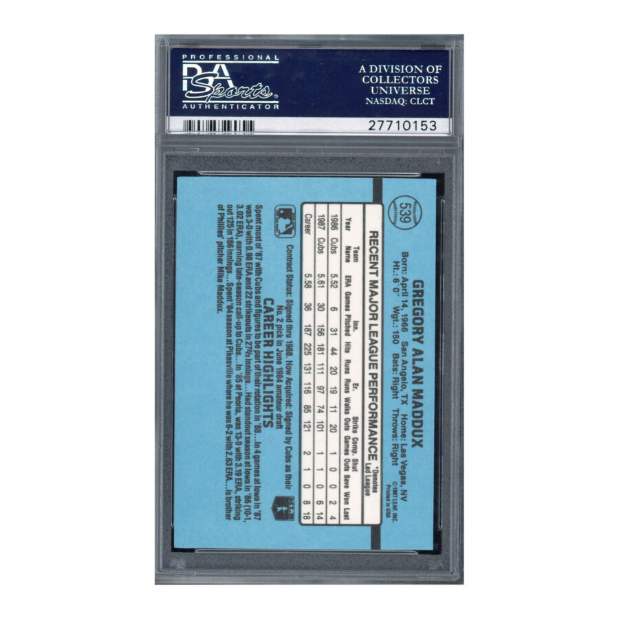 1988 Donruss #539 Greg Maddux PSA 10 - Image 2