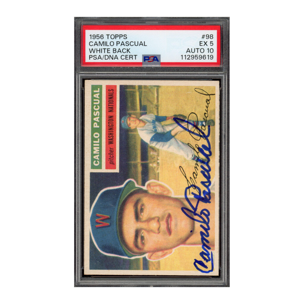 1956 Topps #98 White Back Camilo Pascual signed PSA 5 Auto 10