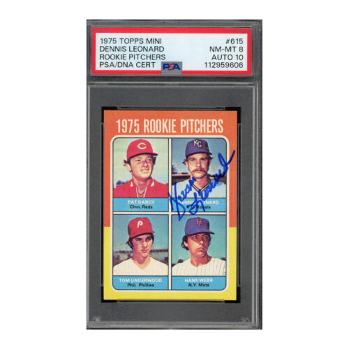 1975 Topps Mini #615 Dennis Leonard PSA 8 Auto 10