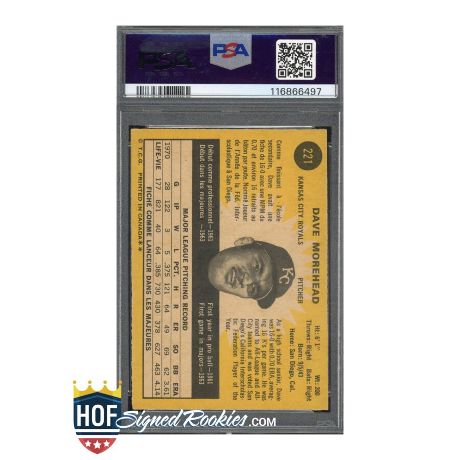 1971 OPC O-Pee-Chee Dave Morehead PSA 6 Auto 10 - Image 2