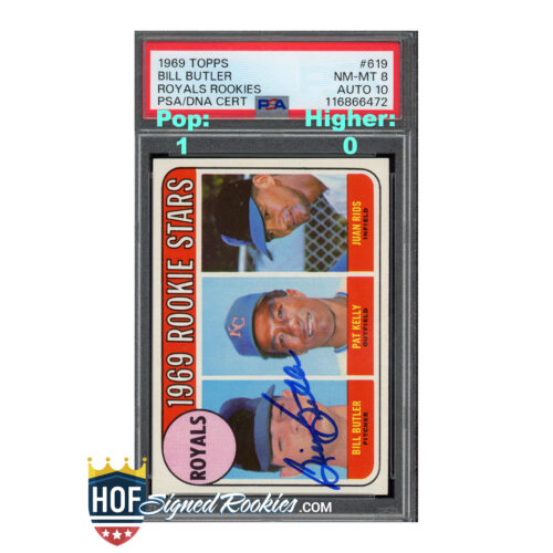 1969 Topps #619 Royals Rookie Stars Bill Butler PSA 8 Auto 10