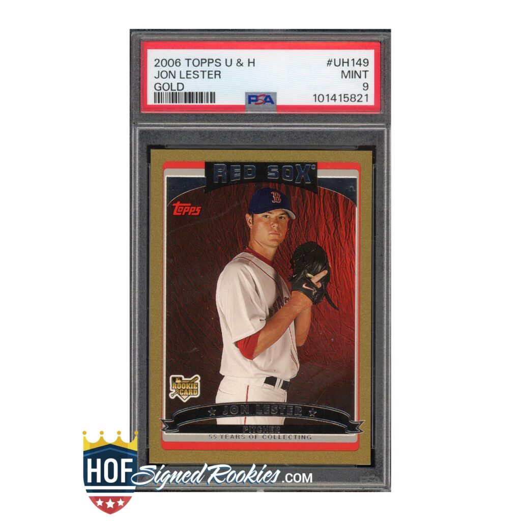 Graded 2006 Topps U & H Jon Lester Gold rookie card featuring a Red Sox pitcher, encased in a PSA slab.