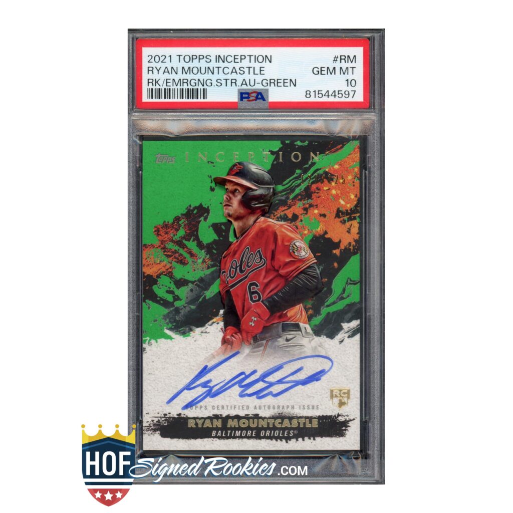 PSA-graded 2021 Topps Inception Ryan Mountcastle Orioles rookie card with blue ink autograph in a protective slab