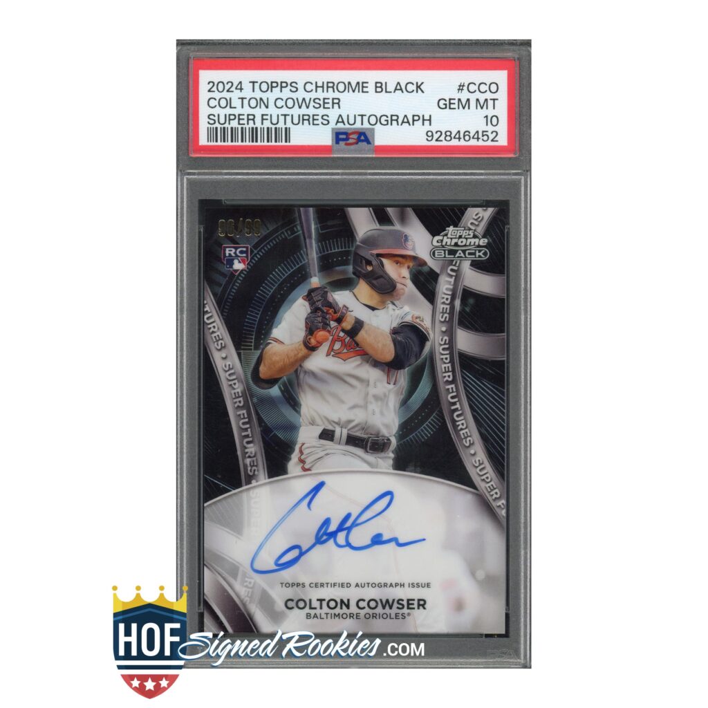 Autographed 2024 Topps Chrome Black Colton Cowser Baltimore Orioles rookie card in a protective slab.