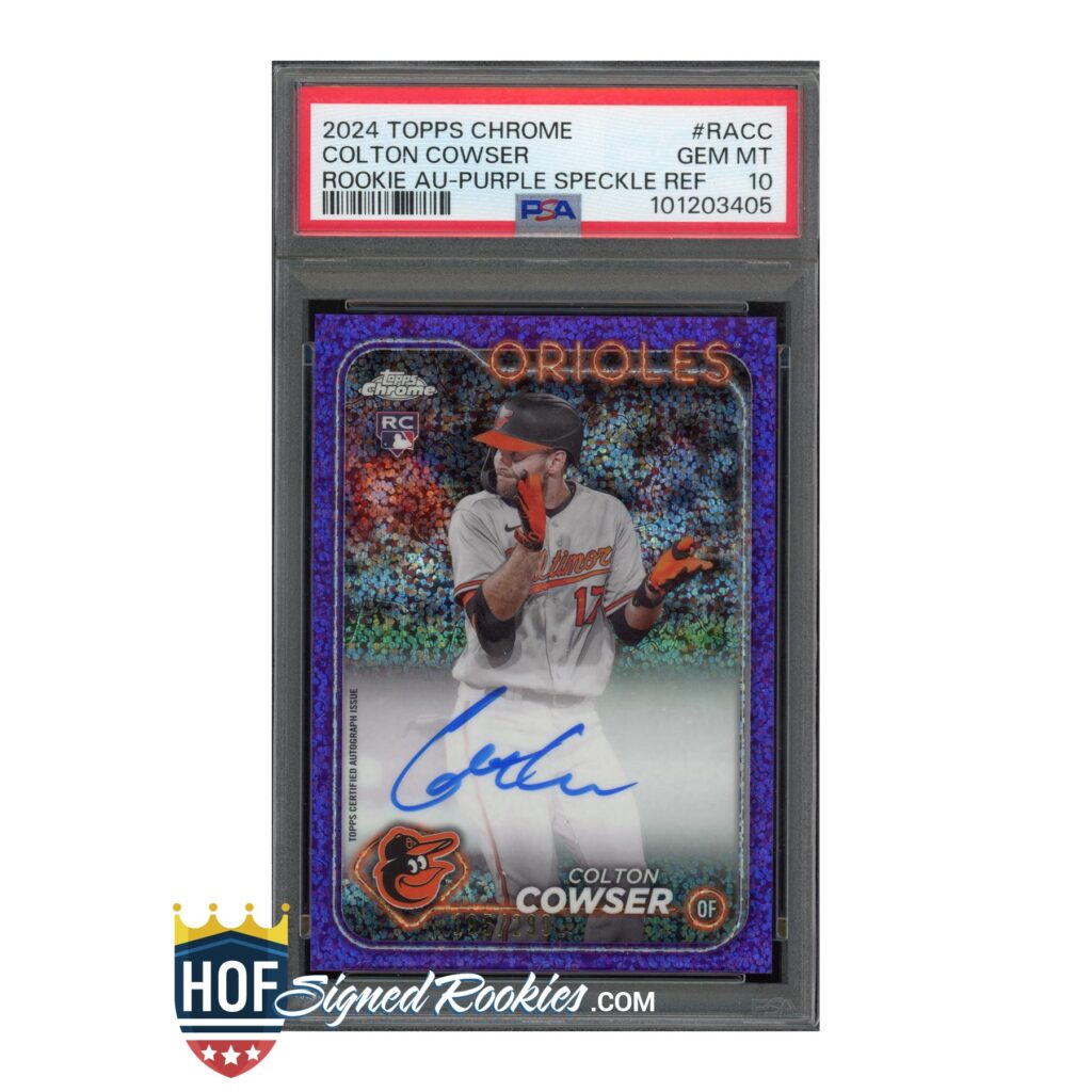 Colton Cowser Baltimore Orioles rookie card in a PSA graded case with a purple sparkly border and his autograph visible on the card surface.