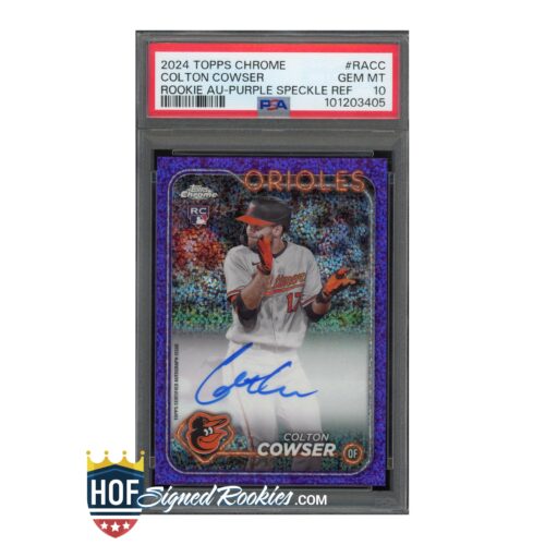 Colton Cowser Baltimore Orioles rookie card in a PSA graded case with a purple sparkly border and his autograph visible on the card surface.