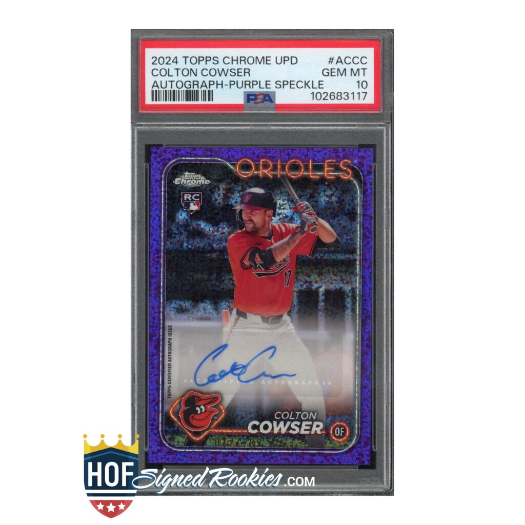 PSA-graded autographed 2024 Topps Chrome Upd Colton Cowser card, purple speckle, in protective case.