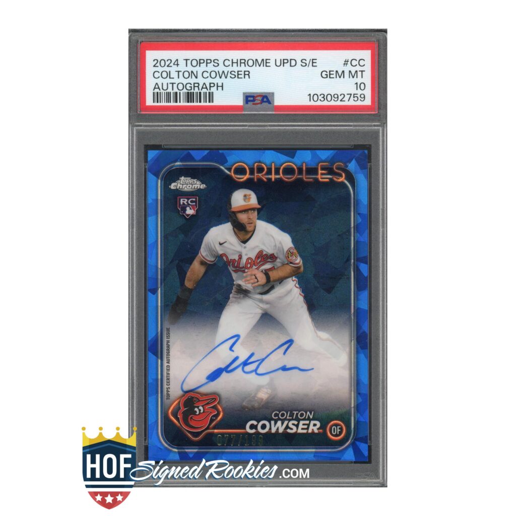 PSA-graded 2024 Topps Chrome autographed rookie card of Colton Cowser in a protective slab, Orioles logo visible on card front.