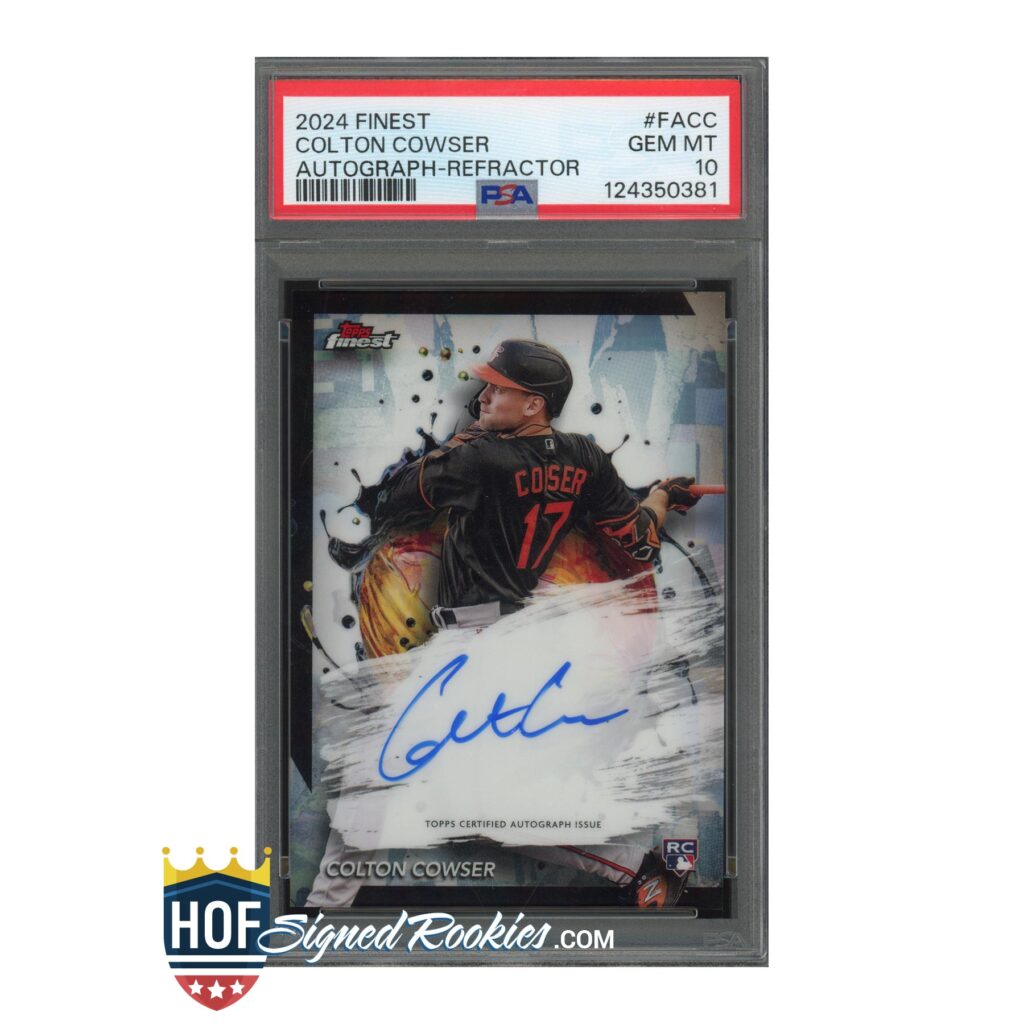 PSA-graded 2024 Finest Colton Cowser autographed refractor baseball card in a protective slab.