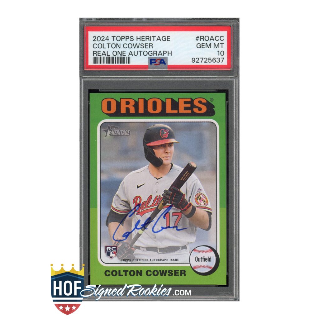 Autographed Colton Cowser baseball card from Topps Heritage (Orioles), PSA-certified autograph with green border.