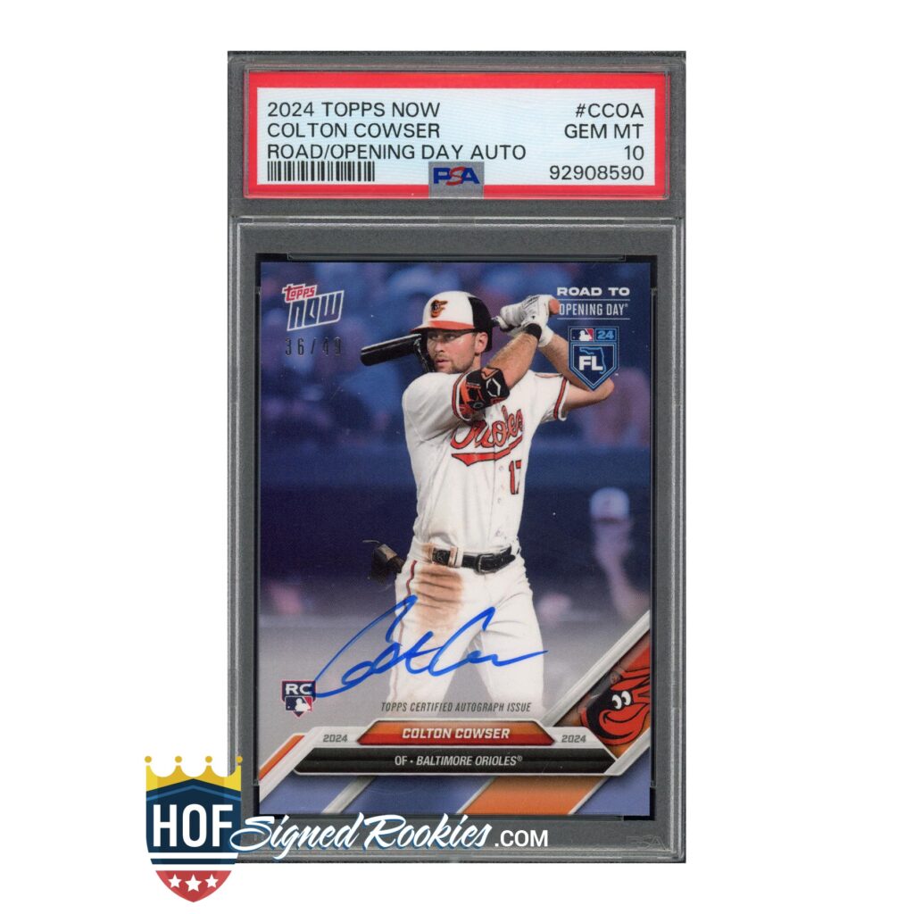Autographed 2024 Topps Now Colton Cowser rookie baseball card in a protective case.