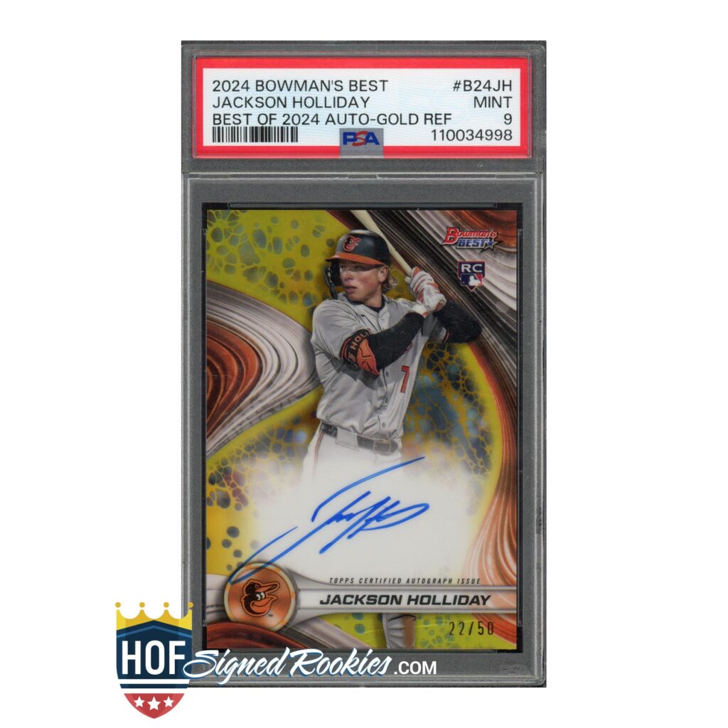 Autographed 2024 Bowman’s Best Jackson Holliday baseball card in a PSA slab, front view.