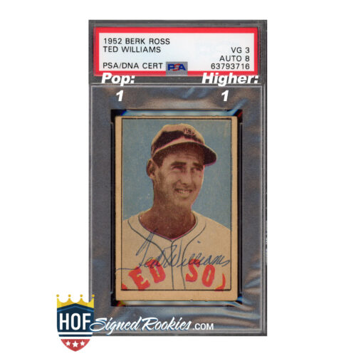 PSA/DNA certified 1952 Berk Ross Ted Williams baseball card in protective slab; encased with red label and PSA logo, showing Ted Williams portrait inside.