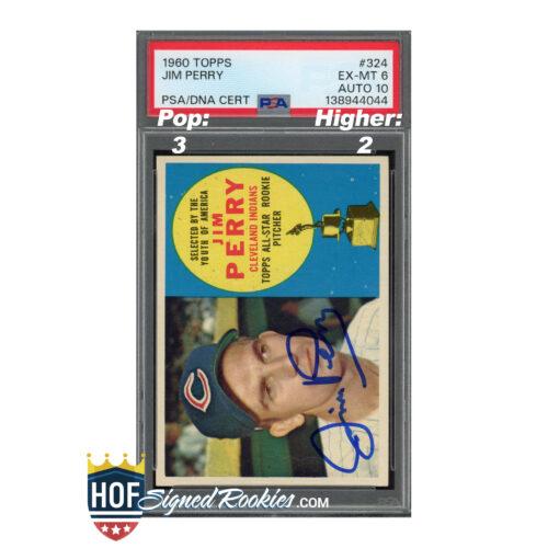 1960 Topps Jim Perry baseball card in a PSA/DNA slab with a red certification label at the top; 'Pop: 3' and 'Higher: 2' visible.