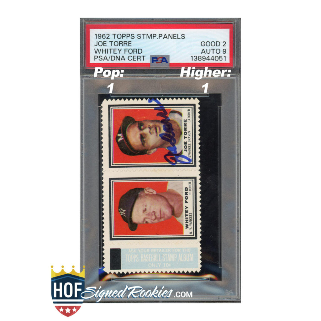 Vintage baseball stamps in a PSA-certified display, featuring Joe Torre and Whitey Ford.