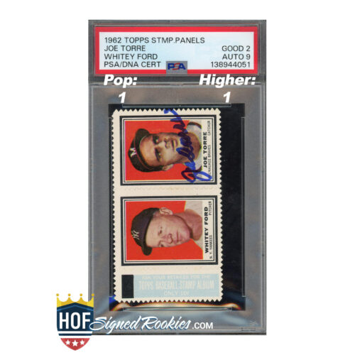 Vintage baseball stamps in a PSA-certified display, featuring Joe Torre and Whitey Ford.