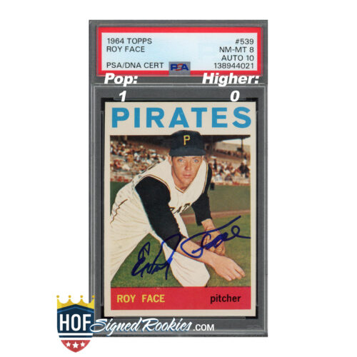 1964 Topps Roy Face baseball card in a PSA slab, featuring Roy Face with a blue autograph.