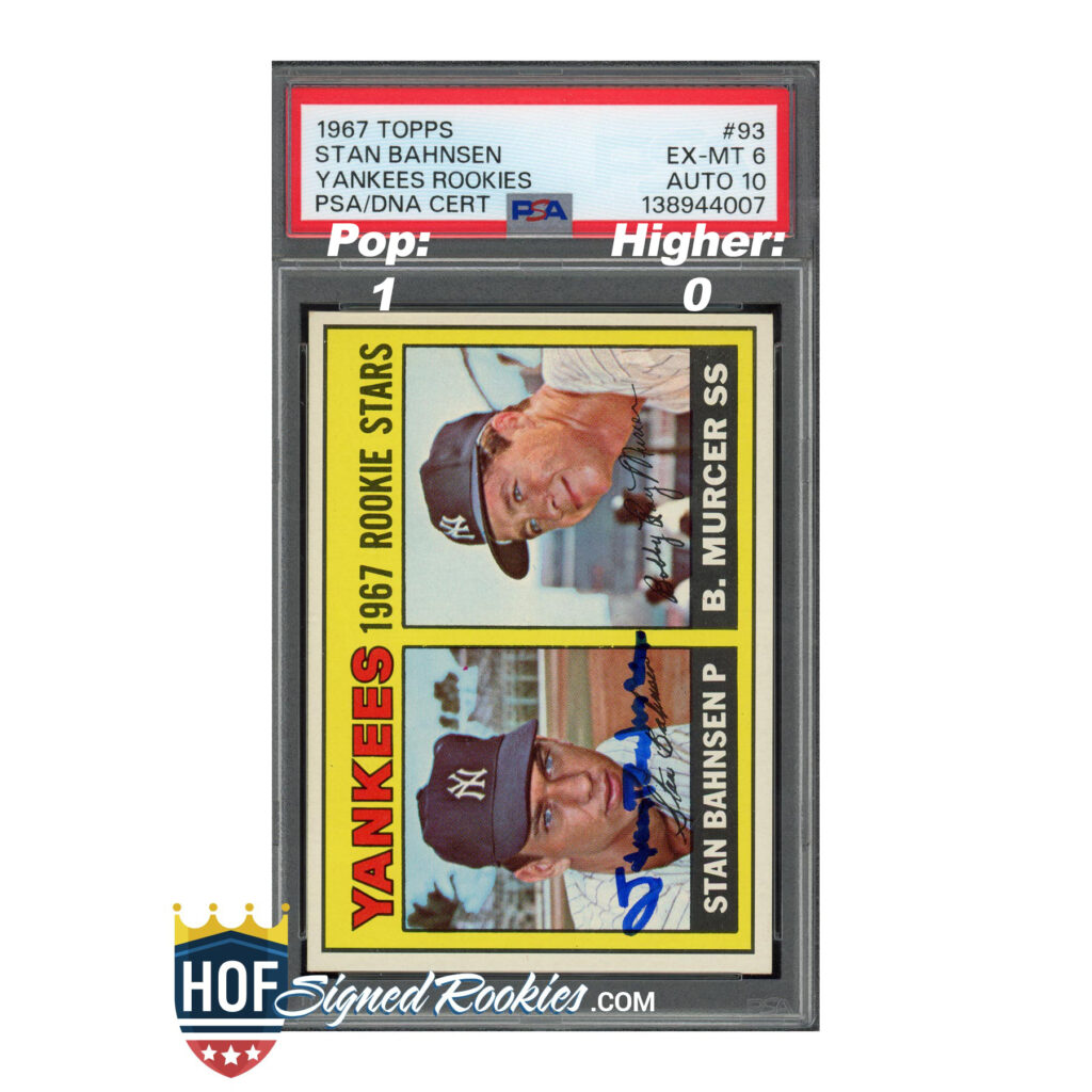Close-up of a PSA-graded 1967 Topps Yankees rookies baseball card in a protective case with a red label reading PSA/DNA.