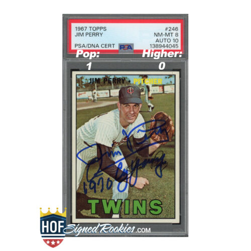 Baseball card of Jim Perry in a protective PSA/DNA case with autographs on the front, Twins player image visible at bottom.