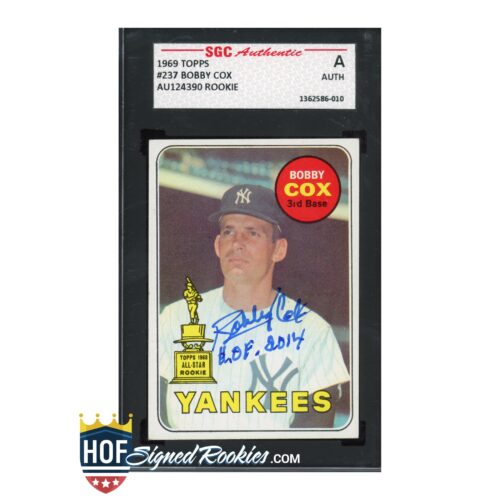 Autographed Bobby Cox rookie card in a binder sleeve, Yankees 3rd Base with SGC Authentic label.