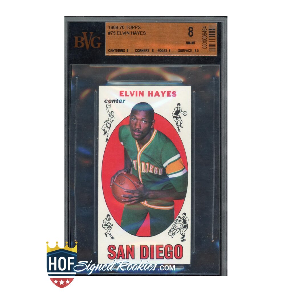 Vintage Elvin Hayes basketball card in a protective display case with BVG label