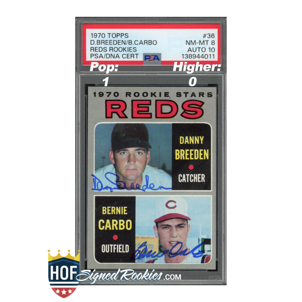 PSA-graded 1970 Topps Reds Rookies card featuring Danny Breeden and Bernie Carbo in a display case.