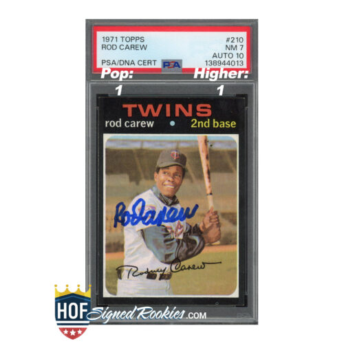 1971 Topps Rod Carew Twins baseball card with PSA/DNA certification and 'Twins' inscription on the card front.