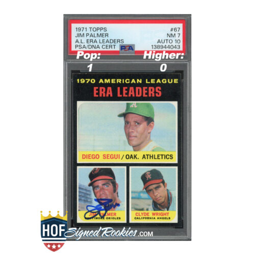 Front of a PSA-graded 1971 Topps Era Leaders baseball card display featuring Jim Palmer and other players (Diego Segui, Clyde Wright) with an ERA LEADERS banner and PSA/DNA text.