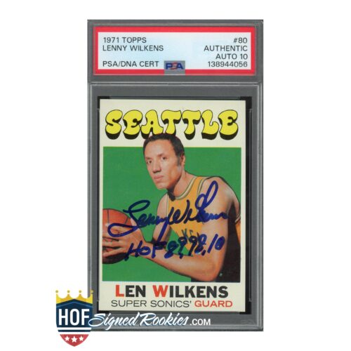 Autographed 1971 Topps Lenny Wilkens basketball card in a PSA/DNA slab showing Wilkens in a green jersey with a blue ink signature across the image.