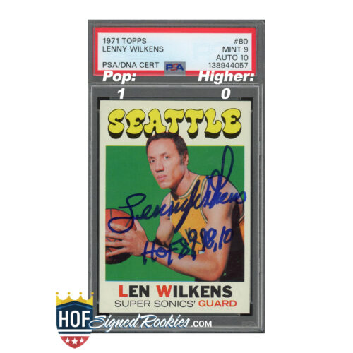Autographed Len Wilkens 1971 Topps rookie baseball card sealed in a PSA slab with a red label at the top.