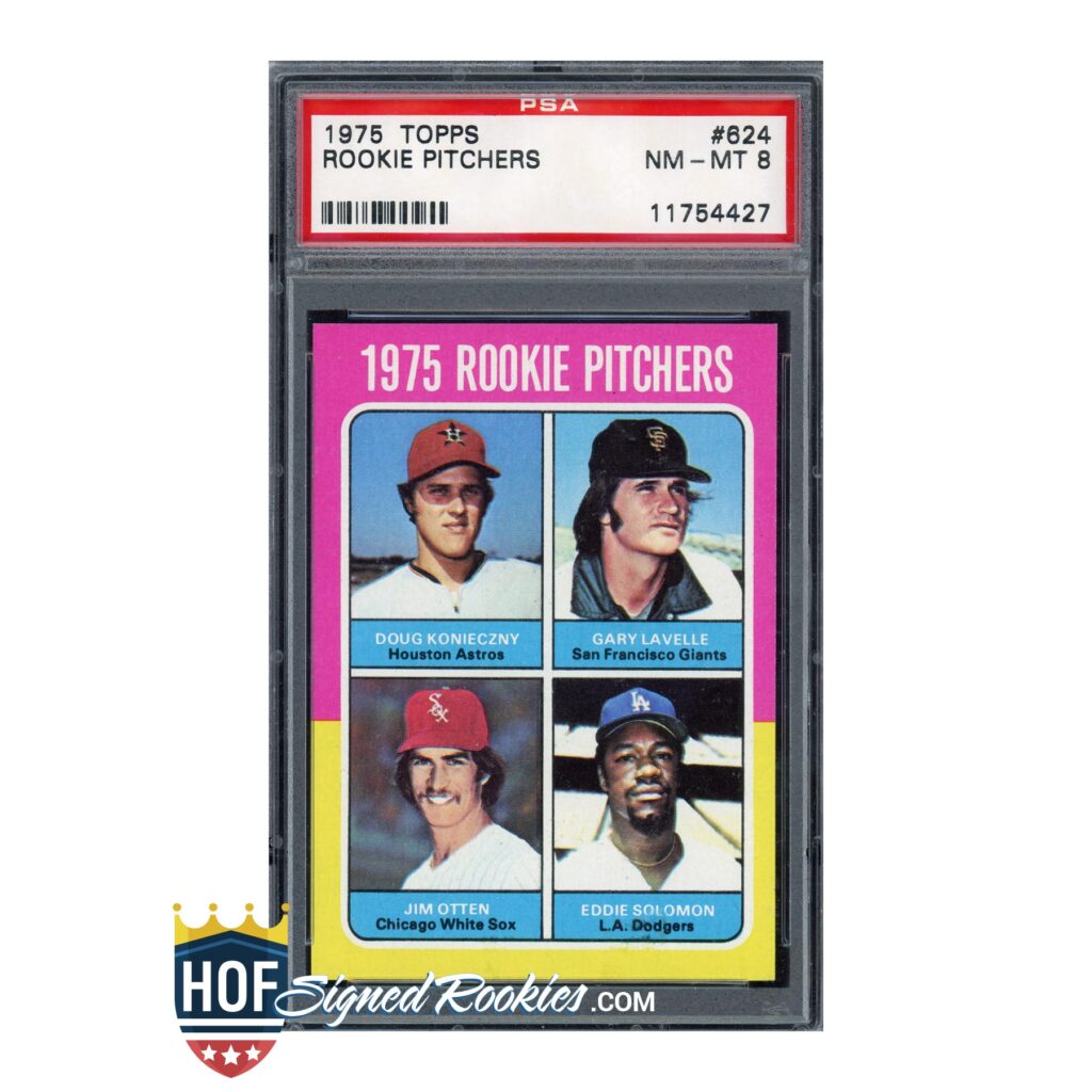 PSA-encased 1975 Topps Rookie Pitchers baseball card with two portraits and pink header text