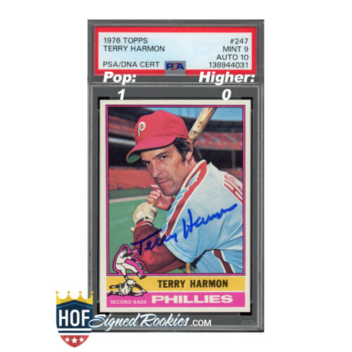 Vintage 1976 Topps Terry Harmon baseball card, autographed with PSA/DNA certification visible at the top label.