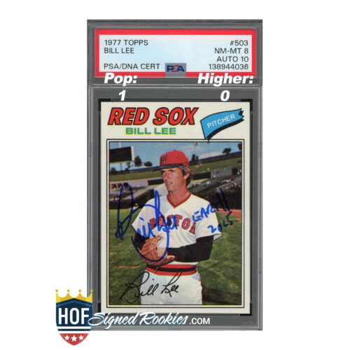 PSA/DNA certified 1977 Topps Bill Lee Red Sox rookie card in a protective case, signed in blue ink across the front.