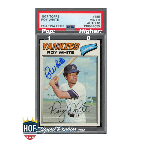 Autographed 1977 Topps Roy White Yankees baseball card in a PSA holder with PSA DNA cert visible; features Roy White autograph across the card front.