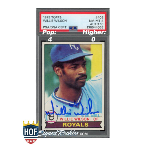 Willie Wilson baseball card (1979 Topps) with PSA/DNA certification and Roylas branding visible