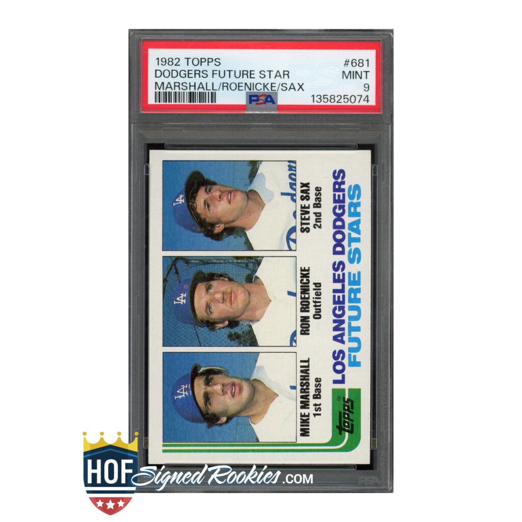 Slabbed 1982 Topps Dodgers Future Star card page in a plastic binder sleeve with PSA label at top and player photos below
