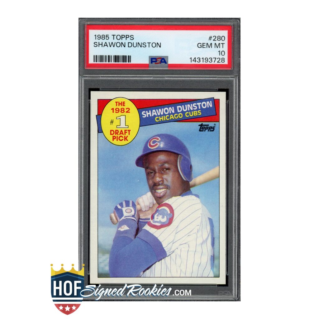1985 Topps Shawon Dunston baseball card in a protective PSA graded case (slab) with label visible at top.