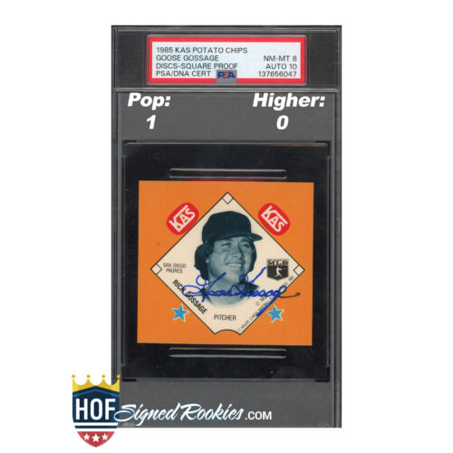 Close-up of a 1985 baseball card for Rick Gossage (pitcher) in an orange diamond design inside a black display case, with PSA label visible at top edge.